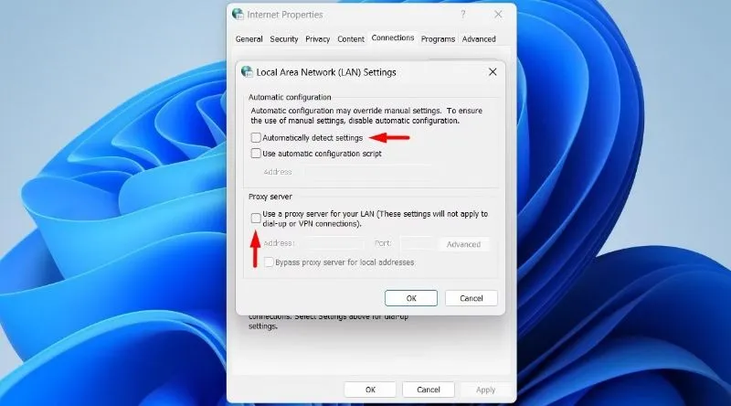 Disable proxy settings using Control Panel